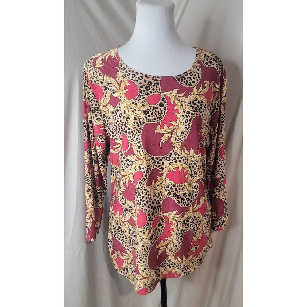 JM Collection Womens Large Leopard Baroque Print Top Gold Stretch 3/4 Sleeves